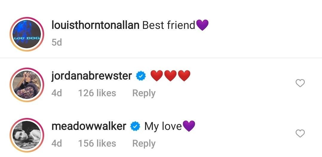 Meadow Walker's comment on her boyfriend, Louis Thorton-Alan’s post. | Photo: Instagram / louisthorntonallan