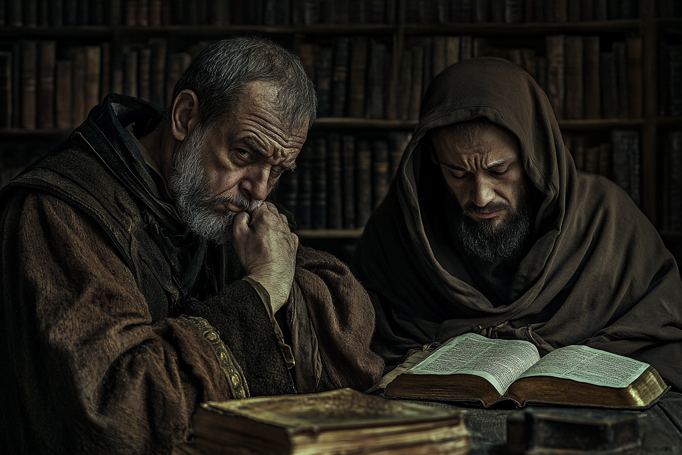 A monk and an abbot looking at religious texts | Source: Midjourney