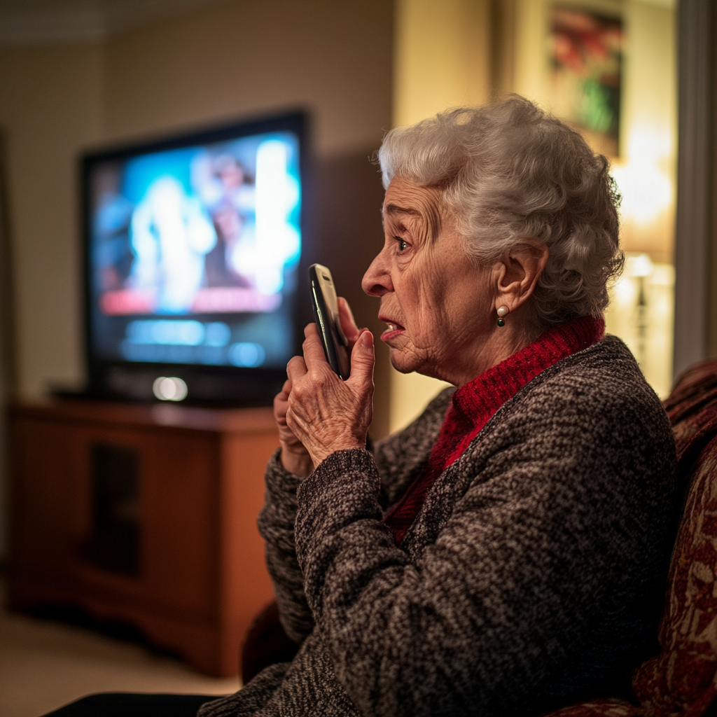 A displeased elderly woman talking on her phone | Source: Midjourney