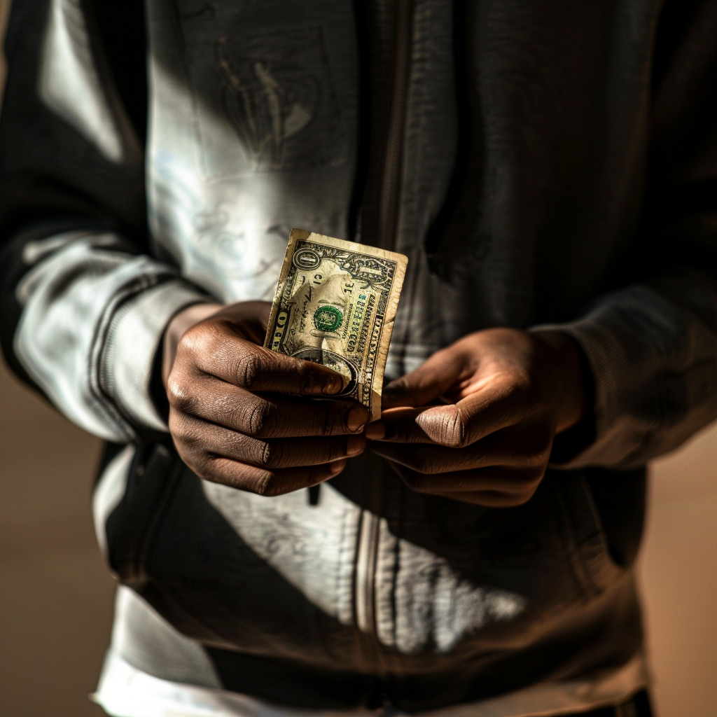 A closeup shot of a black teenager holding an old and crumpled one-dollar bill | Source: Midjourney