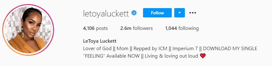 LeToya Luckett's updated Instagram Bio. | Photo: instagram.com/letoyaluckett