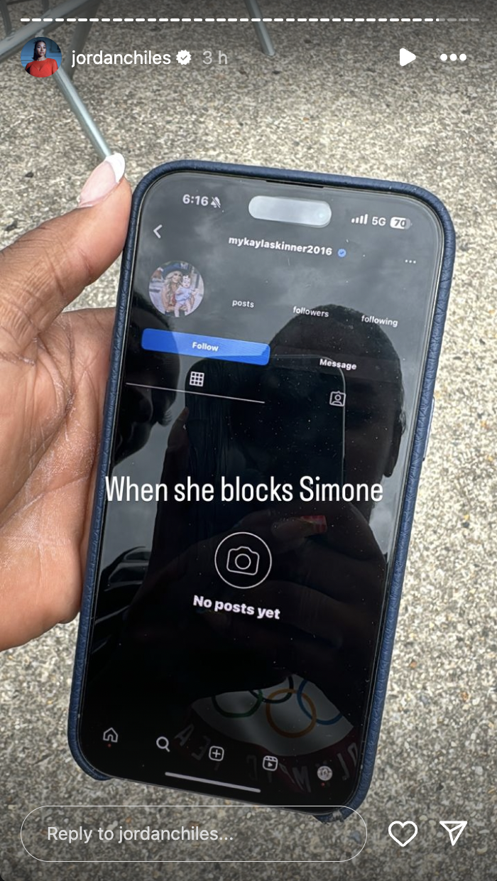 Jordan Chiles sharing she has been blocked by MyKayla Skinner