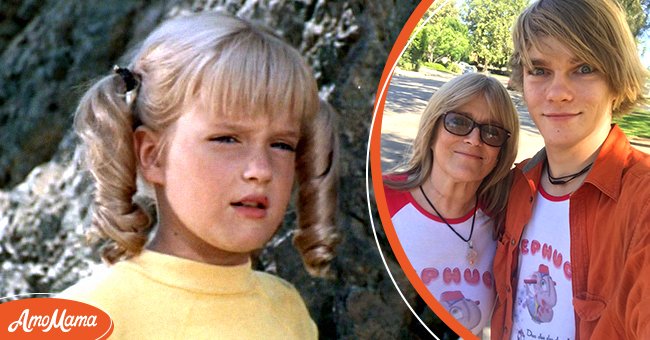 Susan Olsen pictured at Cindy Brady in the show "The Brady Bunch" [Left]. Olsen and her son, Mike, in a photo on Instagram in 2018 [Right]. | Photo: Getty Images & Instagram/thesusanolsen