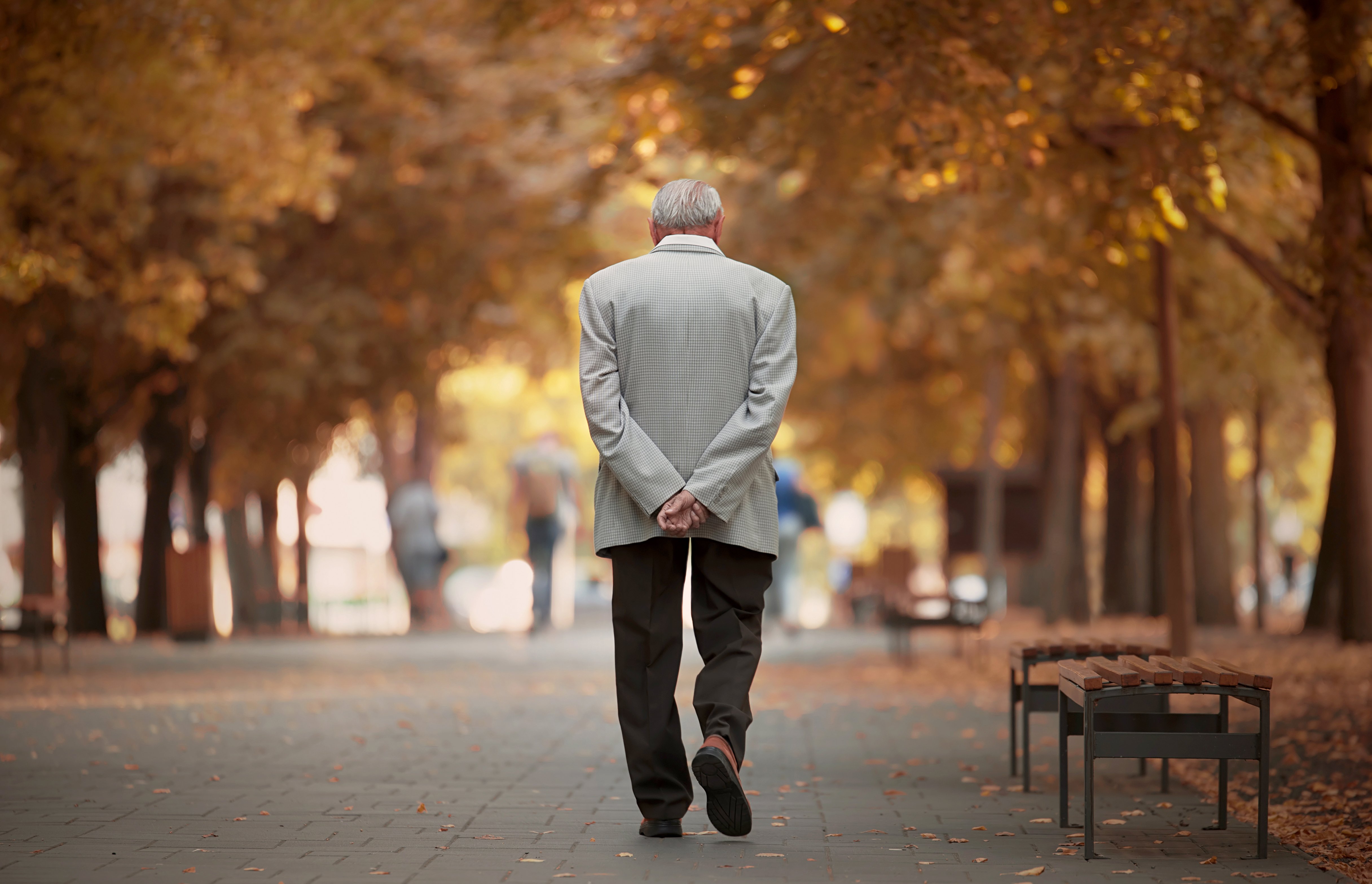 Hombre mayor caminando a través de un parque. | Foto: Shutterstock