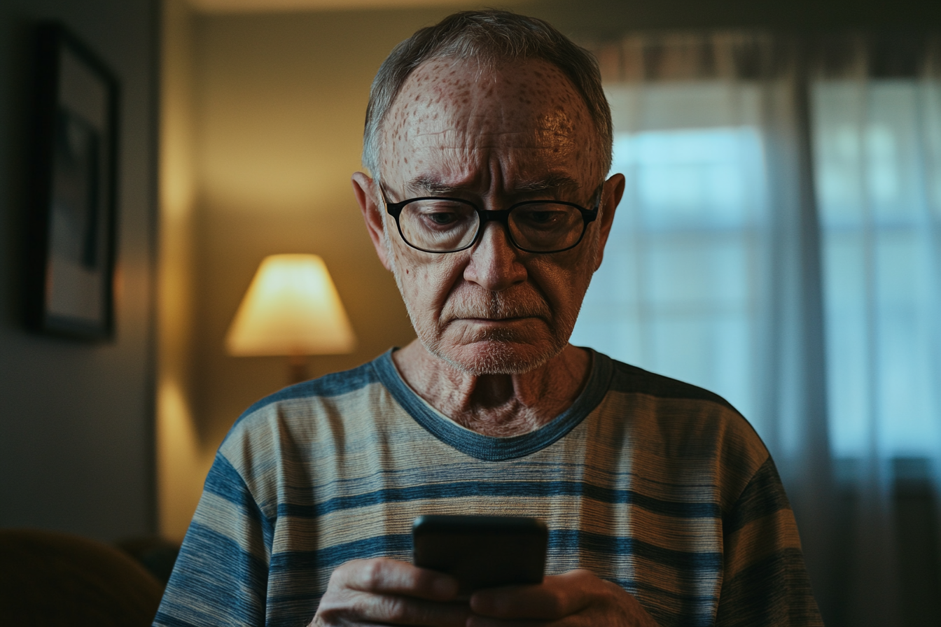 A worried man looking at his phone | Source: Midjourney