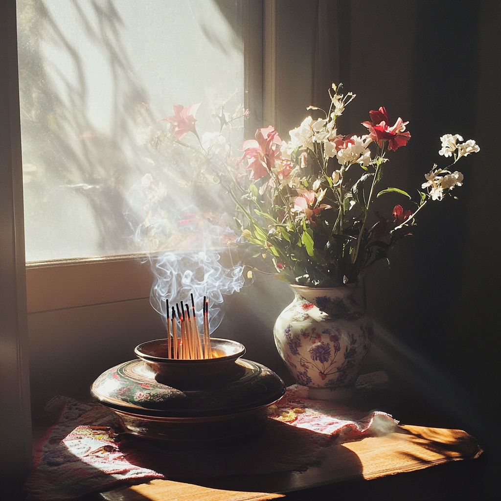 Incense and flowers on a table | Source: Midjourney