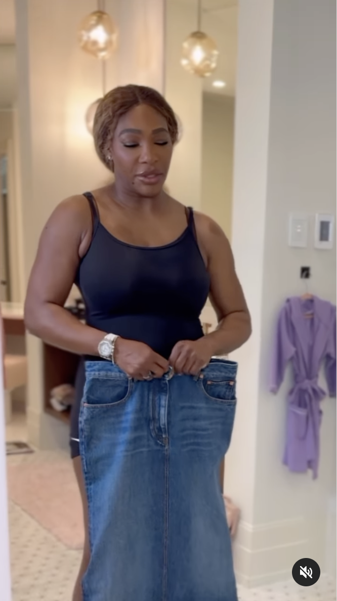 Serena Williams is ready to try on her Valentino denim skirt, as seen in a video dated May 22, 2024 | Source: Instagram/serenawilliams