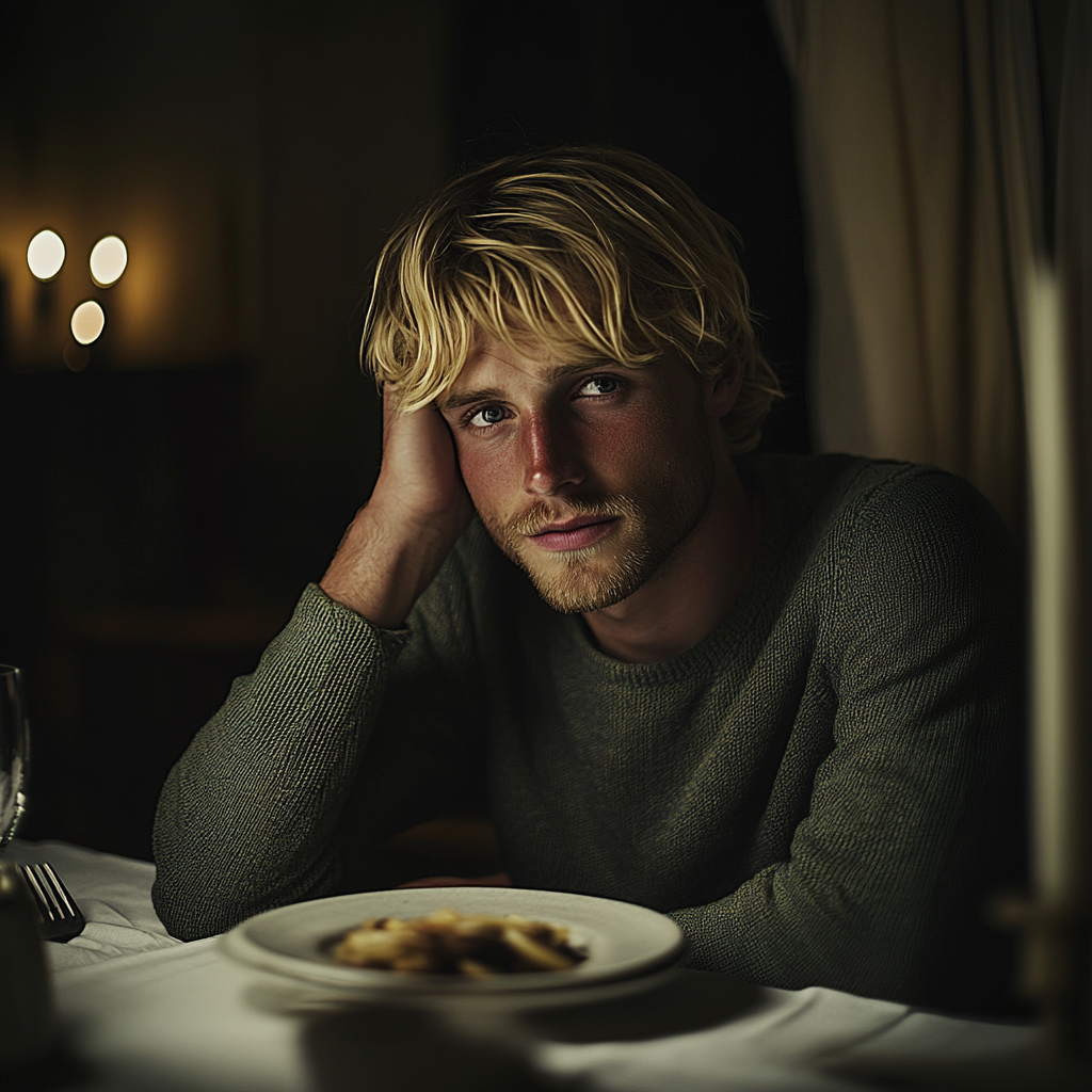 A sheepish man at a dinner table | Source: Midjourney