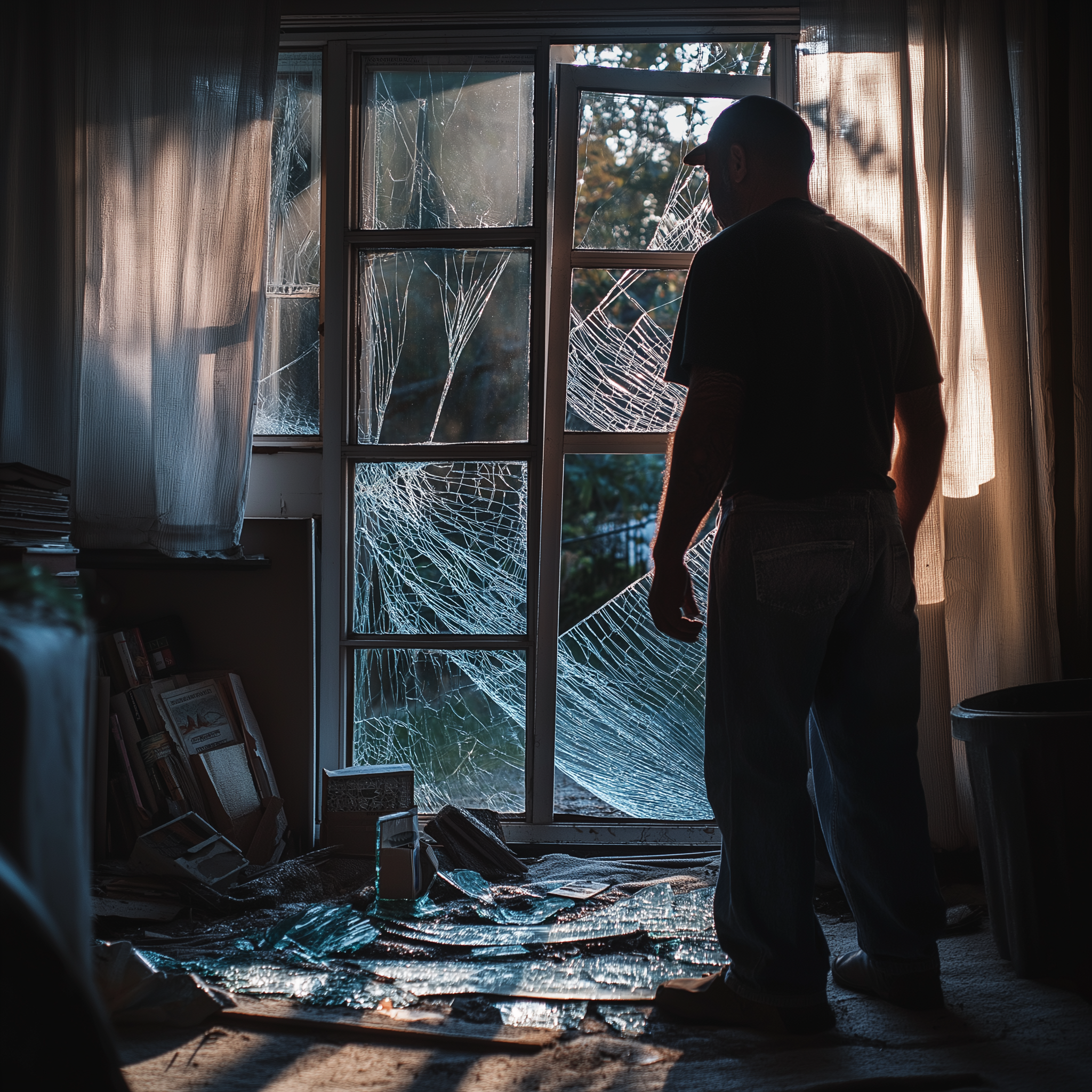 A handyman standing in a room with a broken window and shards of glass scattered all around | Source: Midjourney