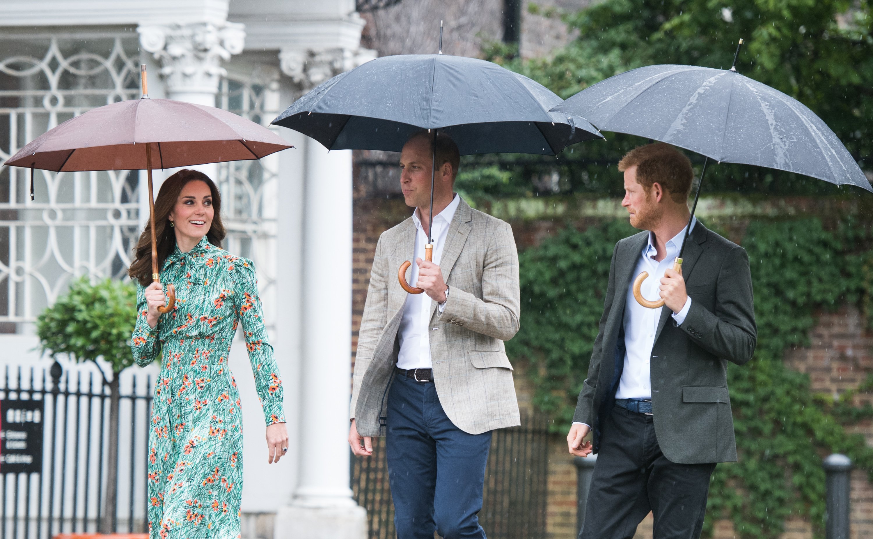 Kate Middleton, Prince William and Prince Harry during their visit to The Sunken Garden at Kensington Palace on August 30, 2017 in London, England. / Source: Getty Images