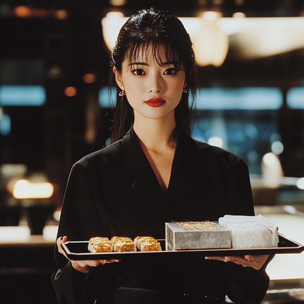 A waitress holding a tray of Gold Leaf Sushi | Source: Midjourney