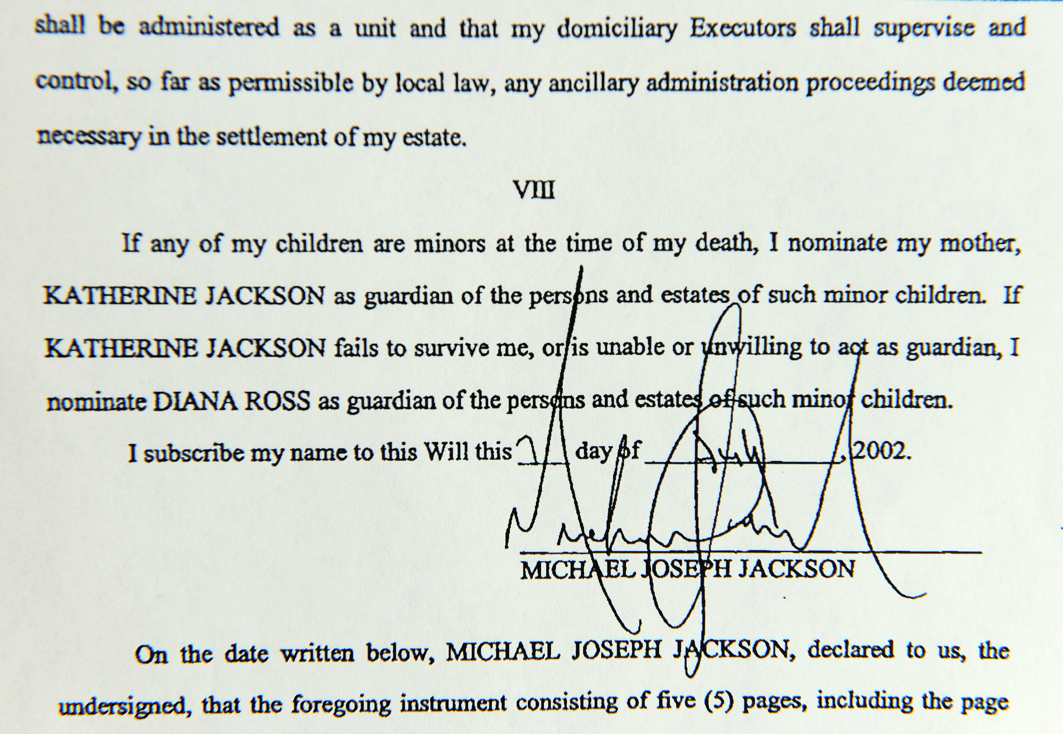A section of Michael Jackson's 2002 will as seen on July 1, 2009 | Source: Getty Images