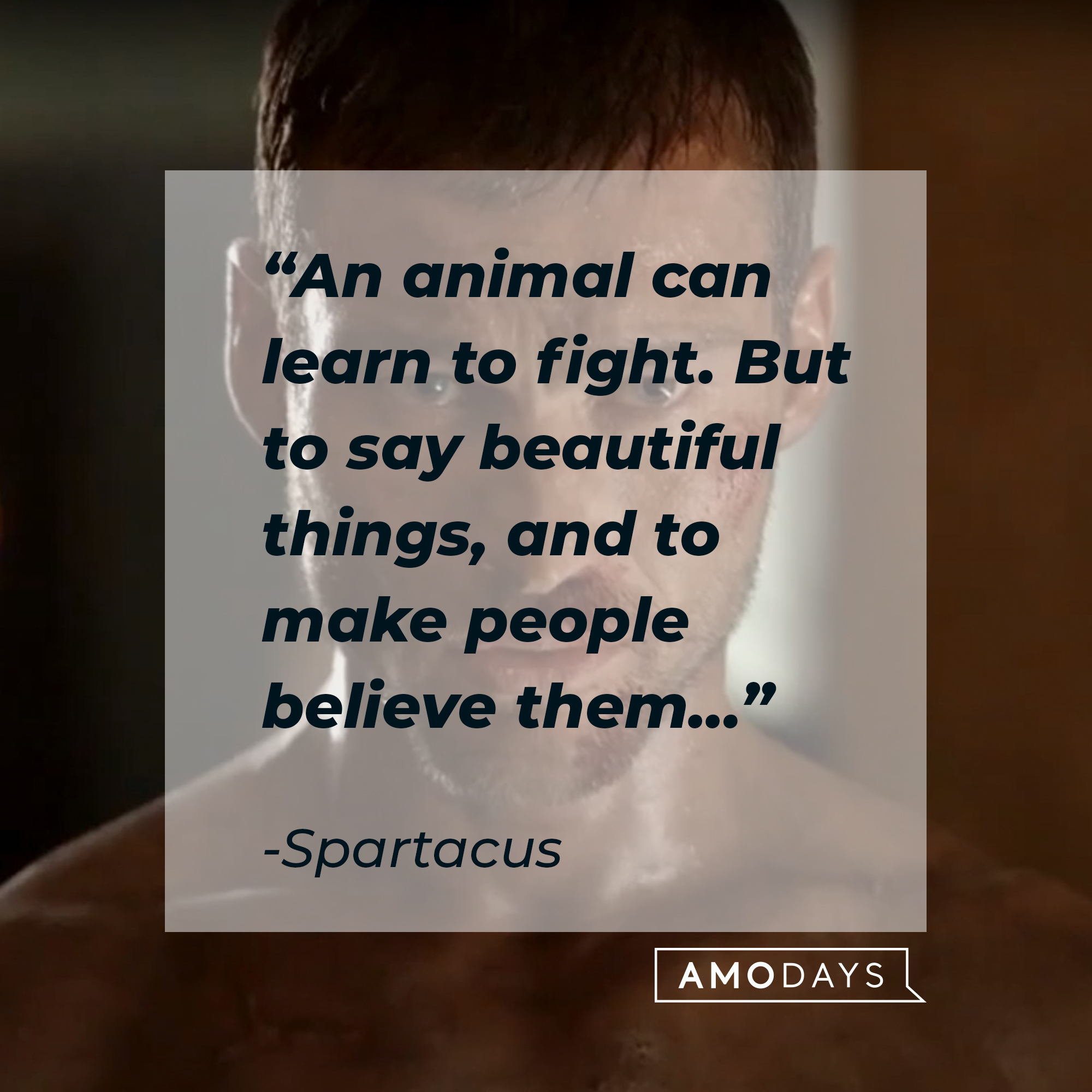 An image of the character Spartacus with his quote: “An animal can learn to fight. But to say beautiful things, and to make people believe them…” |  Source: youtube.com/Starz