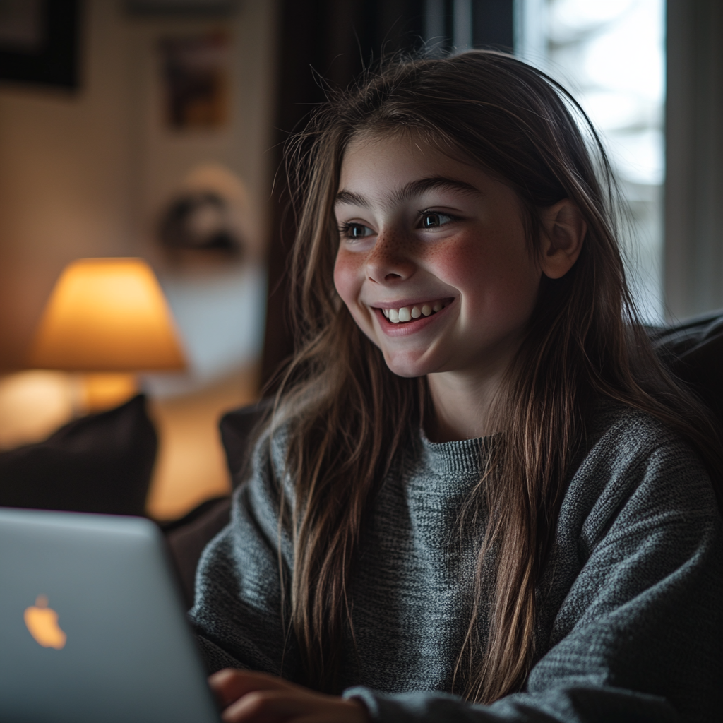 A young girl smiles while using her laptop | Source: Midjourney