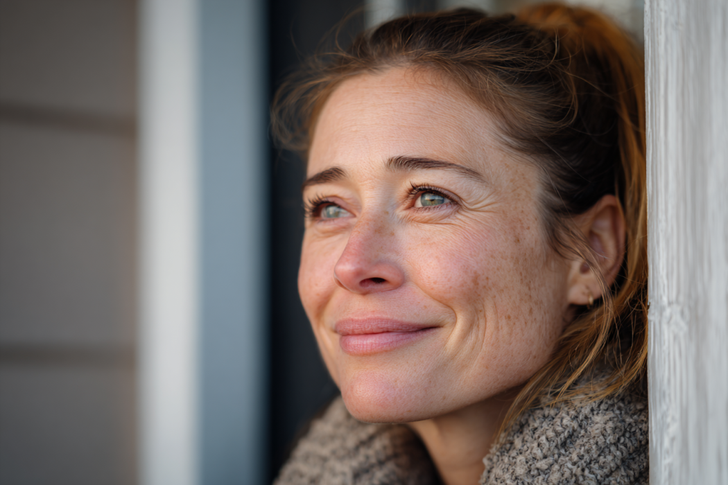 An emotional woman standing on the doorstep of a house | Source: Midjourney