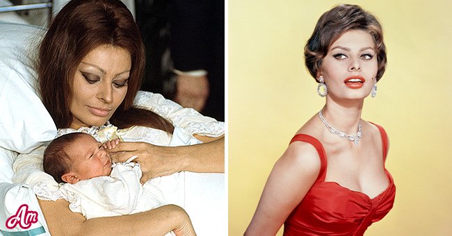 Sophia Loren après la naissance de son premier enfant, Carlo Ponti Jr, et Sophia Loren portant une robe rouge | Sources : Getty Images