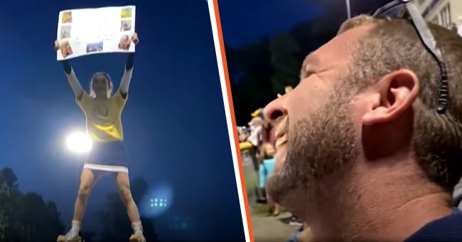 MaKayla holding a sign up while on top of a cheerleading pyramid [left]; Zane Crawford smiling while in the stands [right].┃Source: facebook.com/peoplemag