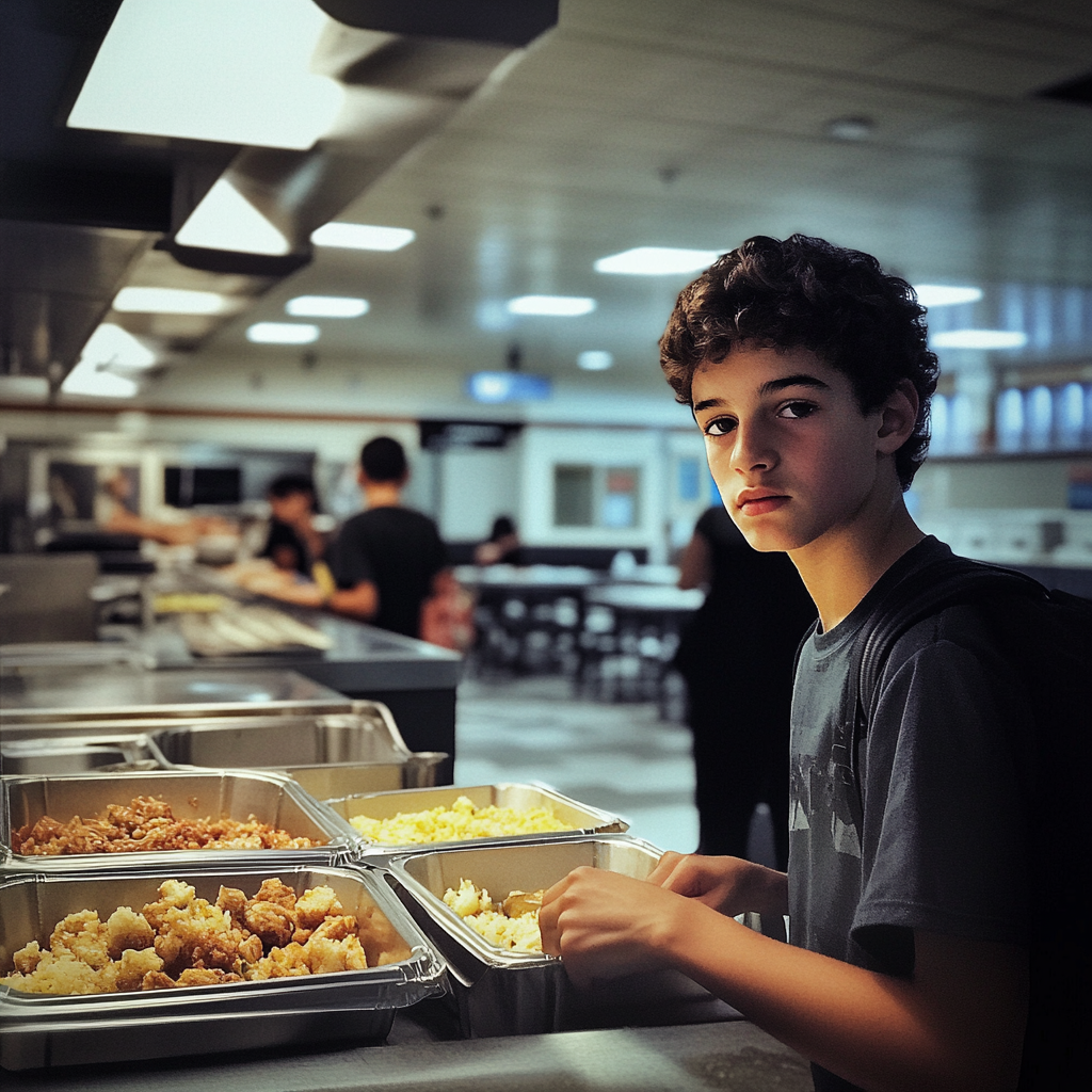 Um menino na cantina de uma escola | Fonte: Midjourney