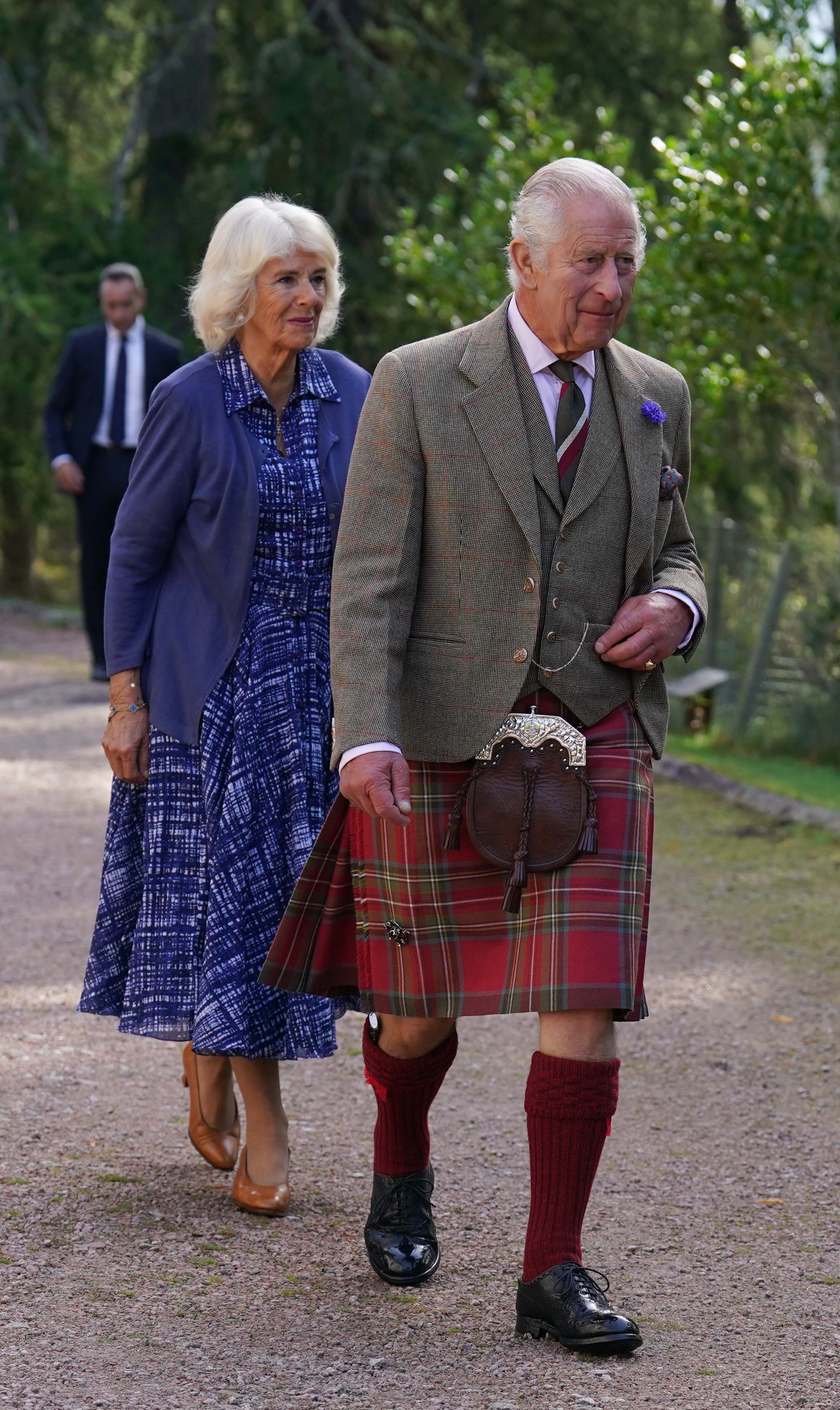 Queen Camilla and King Charles III after attending church service to mark the first anniversary of the death of Queen Elizabeth II on September 8, 2023 in Crathie, Aberdeenshire | Source: Getty Images