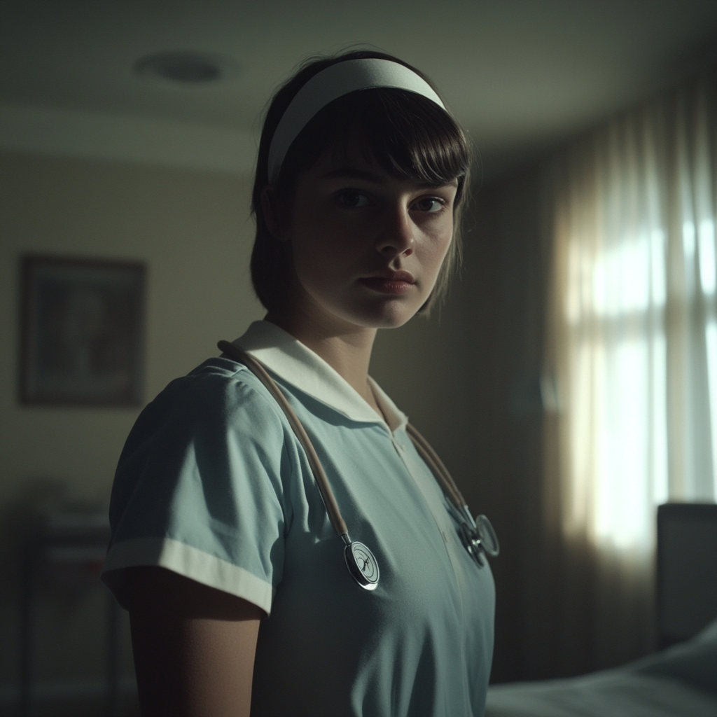 A young female nurse looking serious | Source: Midjourney