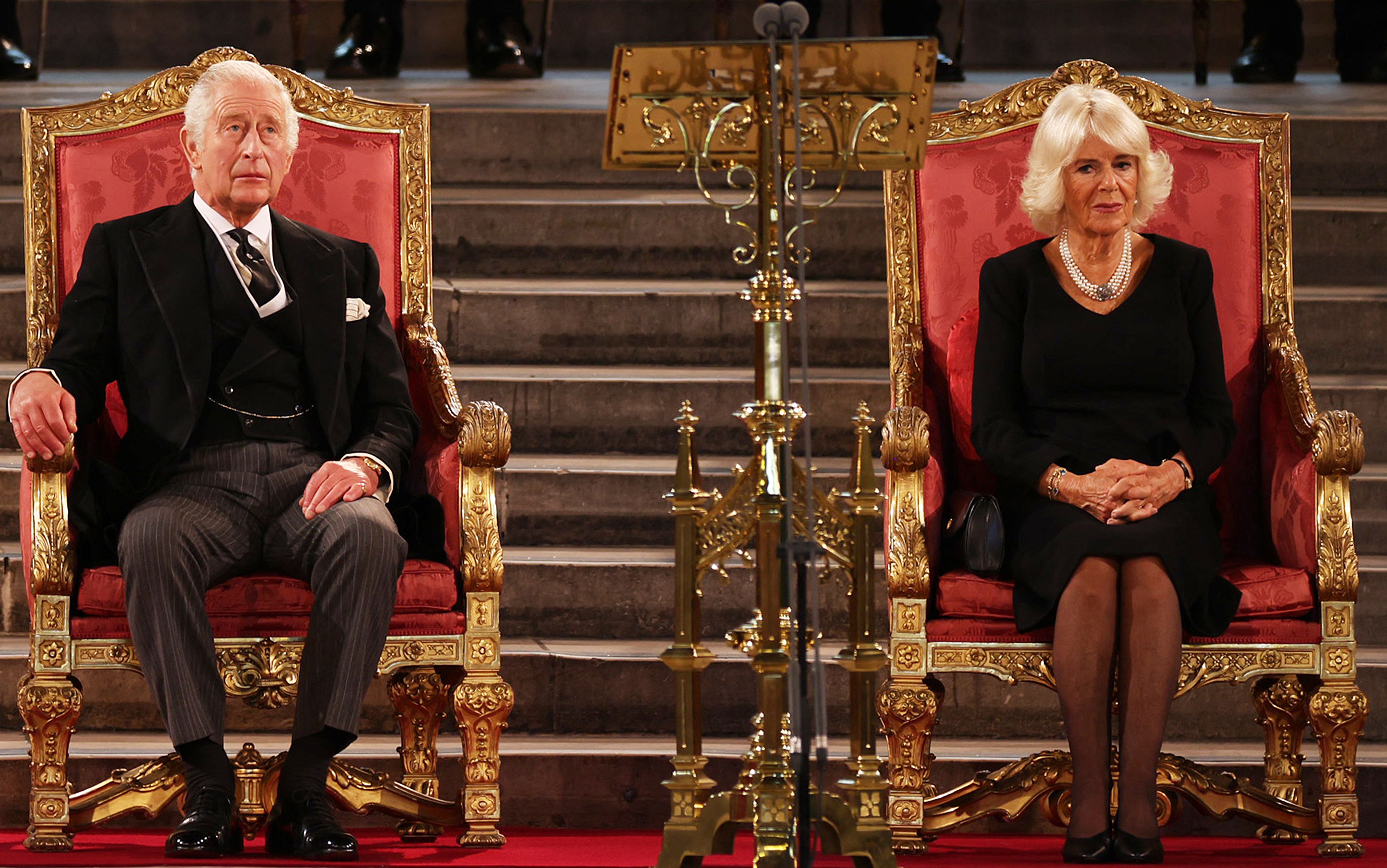 King Charles III and Camilla, Queen Consort, at the presentation of addresses by both Houses of Parliament in Westminster Hall, inside the Palace of Westminster, central London on September 12, 2022 | Source: Getty Images