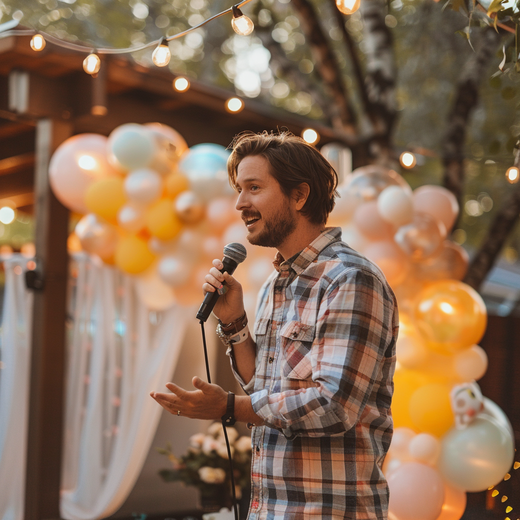 A man speaking in a mic at a gender reveal party | Source: Midjourney