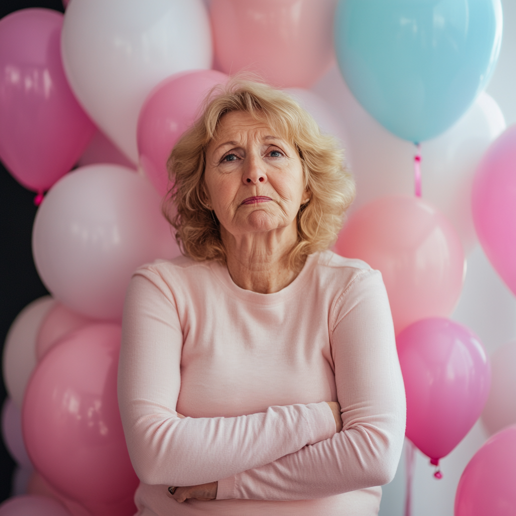 Woman with her arms crossed and with a stern expression standing against a backdrop of balloons | Source: Midjourney