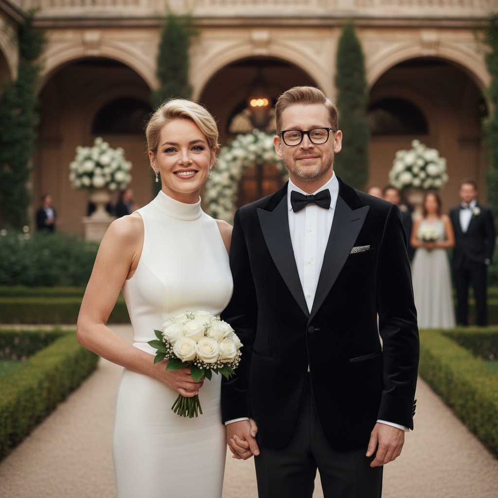 Sharon Stone and Macaulay Culkin during imagined wedding pairing | Source: Grok AI