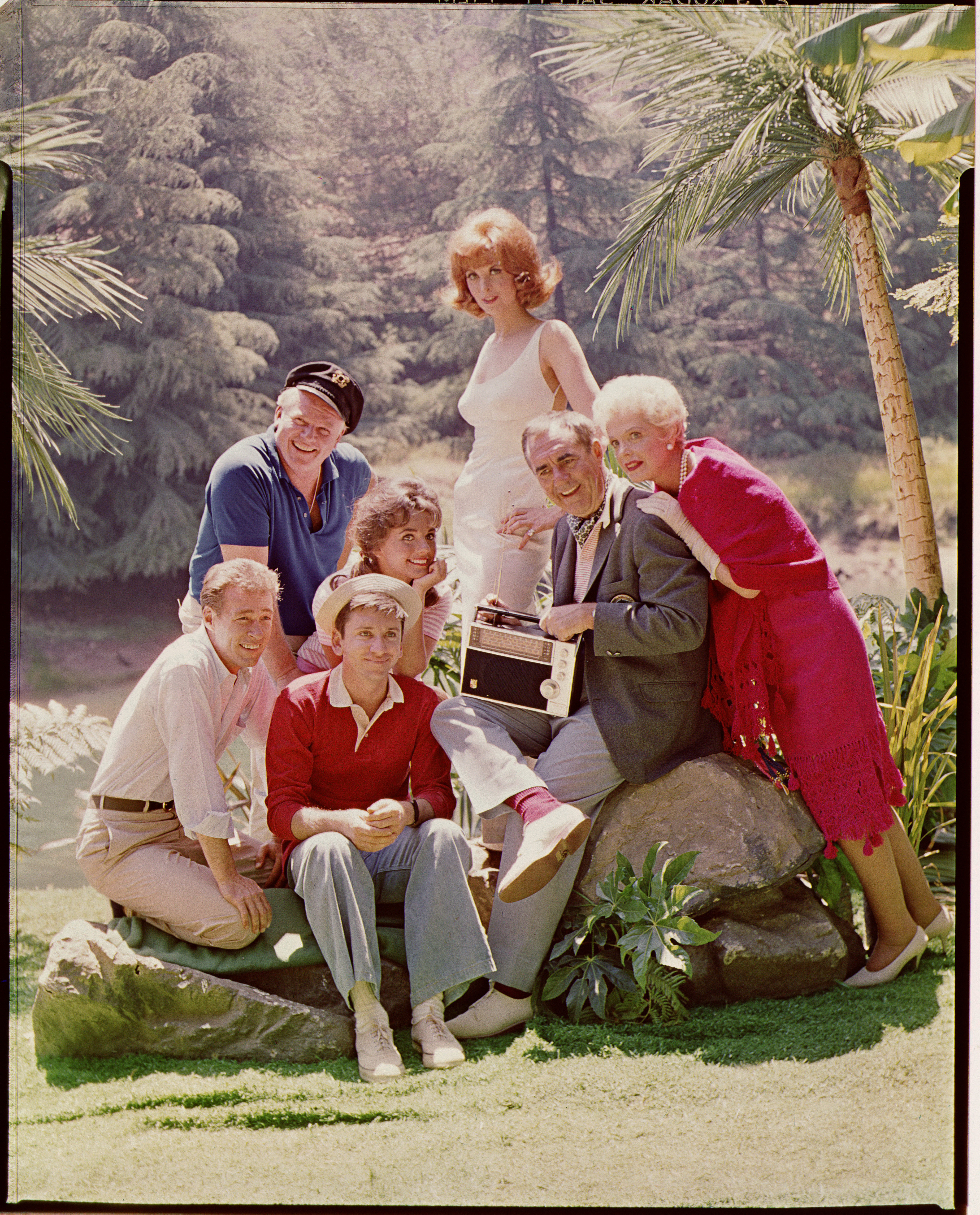A promotional portrait of the "Gilligan's Island" cast Russell Johnson, Alan Hale Jr., Bob Denver, Dawn Wells, Tina Louise, Jim Backus, and Natalie Schafer in 1963 | Source: Getty Images
