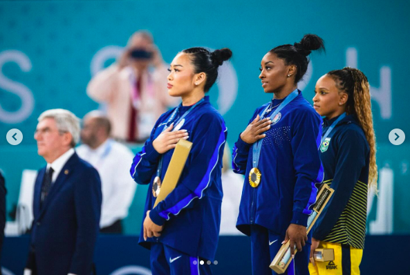 Sunisa Lee, Simone Biles and Rebeca Andrade during the Paris Olympics, posted on August 3, 2024 | Source: Instagram/simonebiles