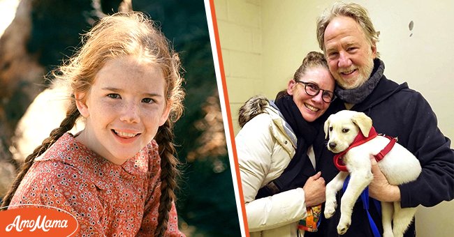 (L) Child actress Melissa Gilbert as Laura Ingalls on "Little House on the Prairie," during Season 1. (R) Melissa Gilbert with her husband actor Tim Busfield posing with their adopted pup named Chicago. / Source: Getty Images and Instagram/@melissagilbertofficial