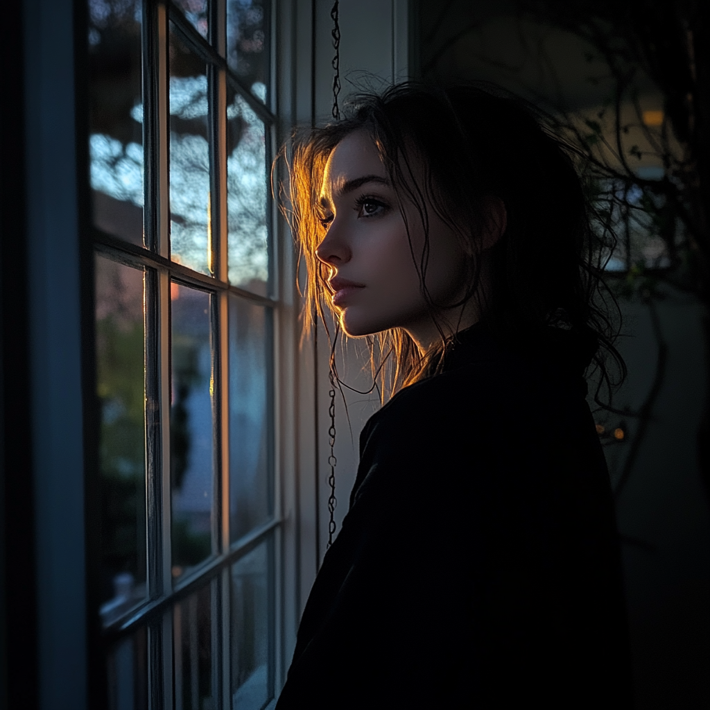 Woman standing next to her window | Source: Midjourney