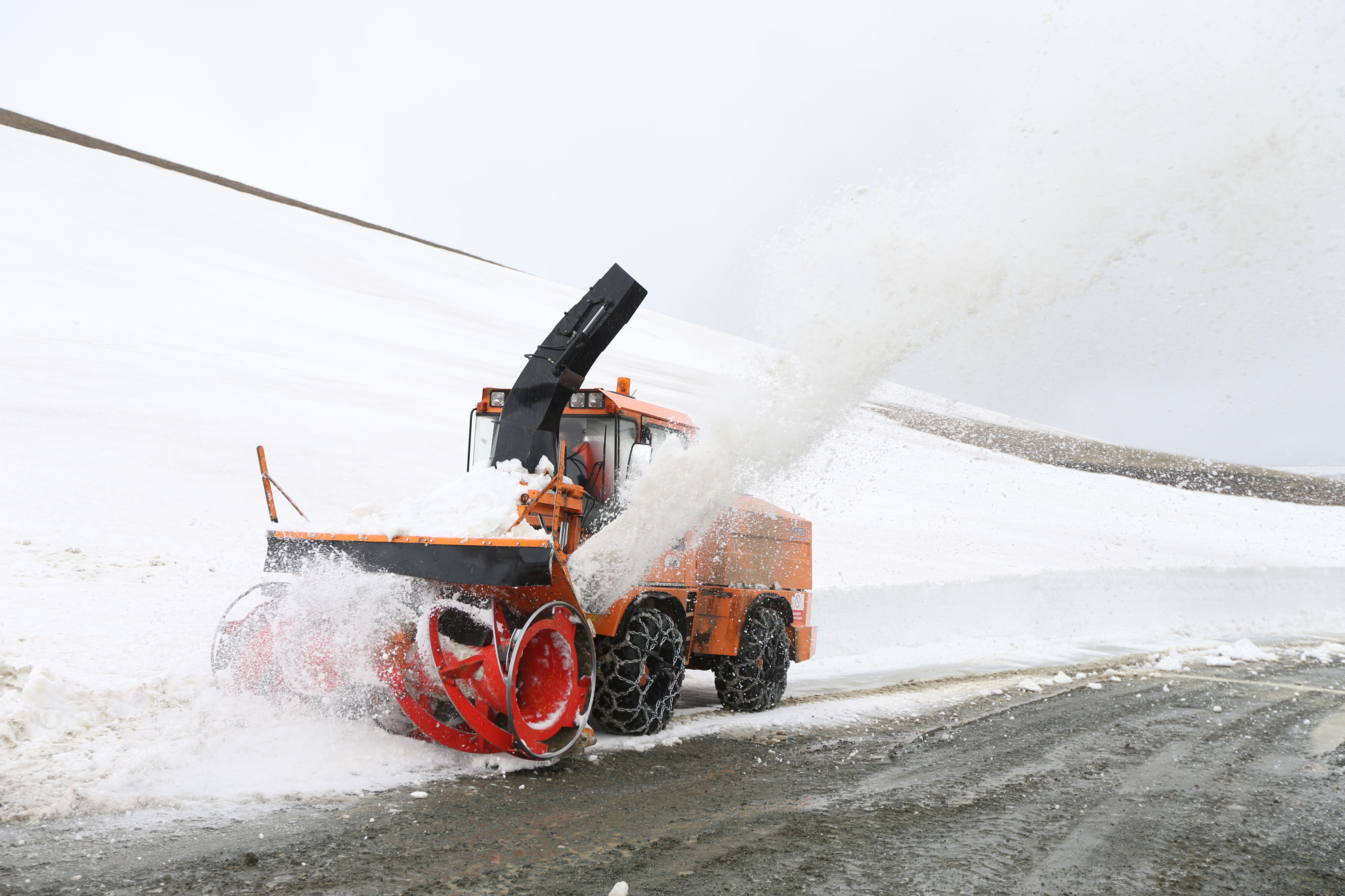 A snowplow clears the Selim-Göle Highway on May 18, 2026, in Kars, Turkey. | Source: Getty Images