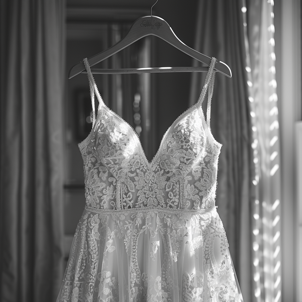 A wedding gown on a hanger | Source: Midjourney