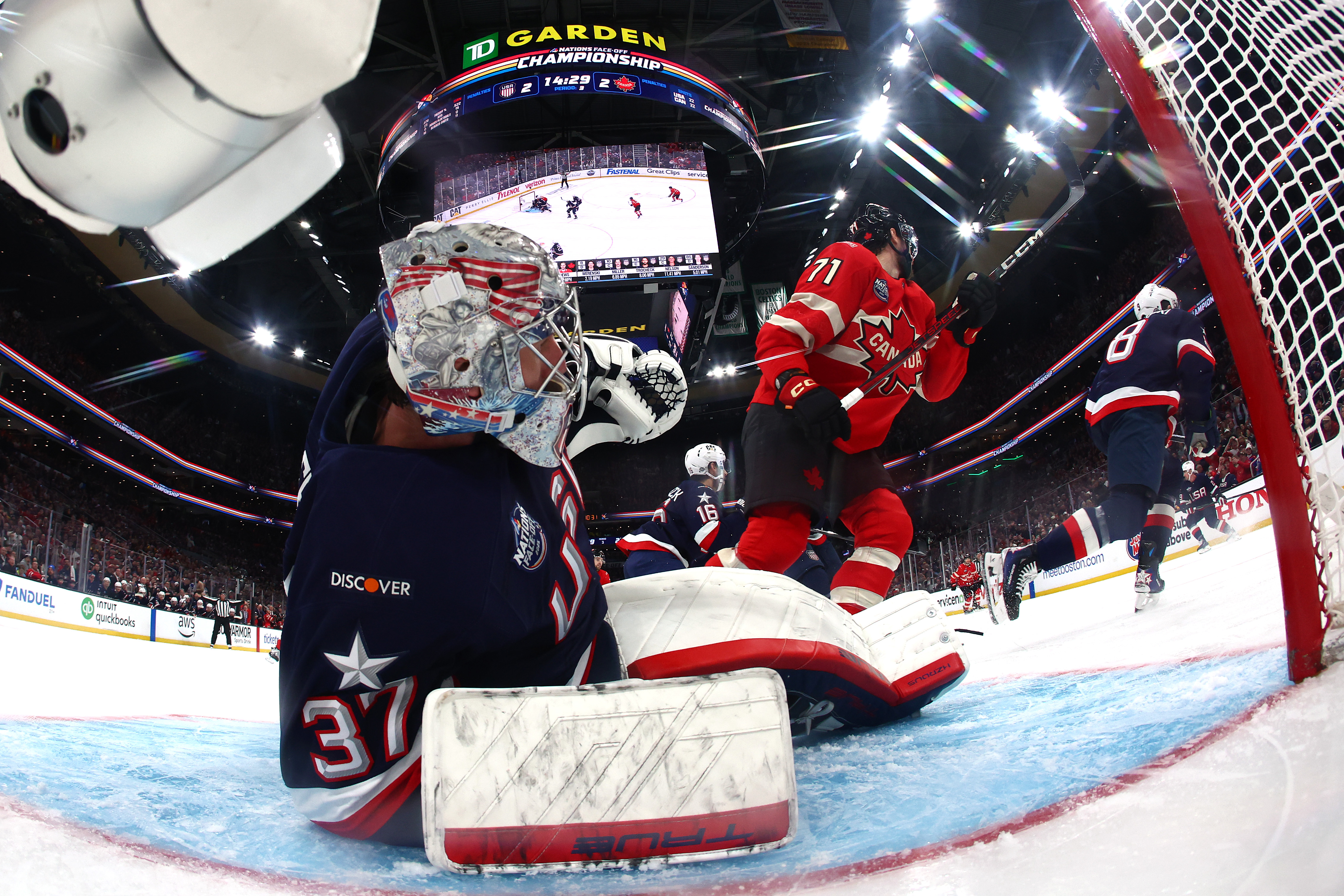 Connor Hellebuyck #37 of Team United States tends goal against Team Canada during the third period in the NHL 4 Nations Face-Off Championship Game at TD Garden on February 20, 2025 | Source: Getty Images