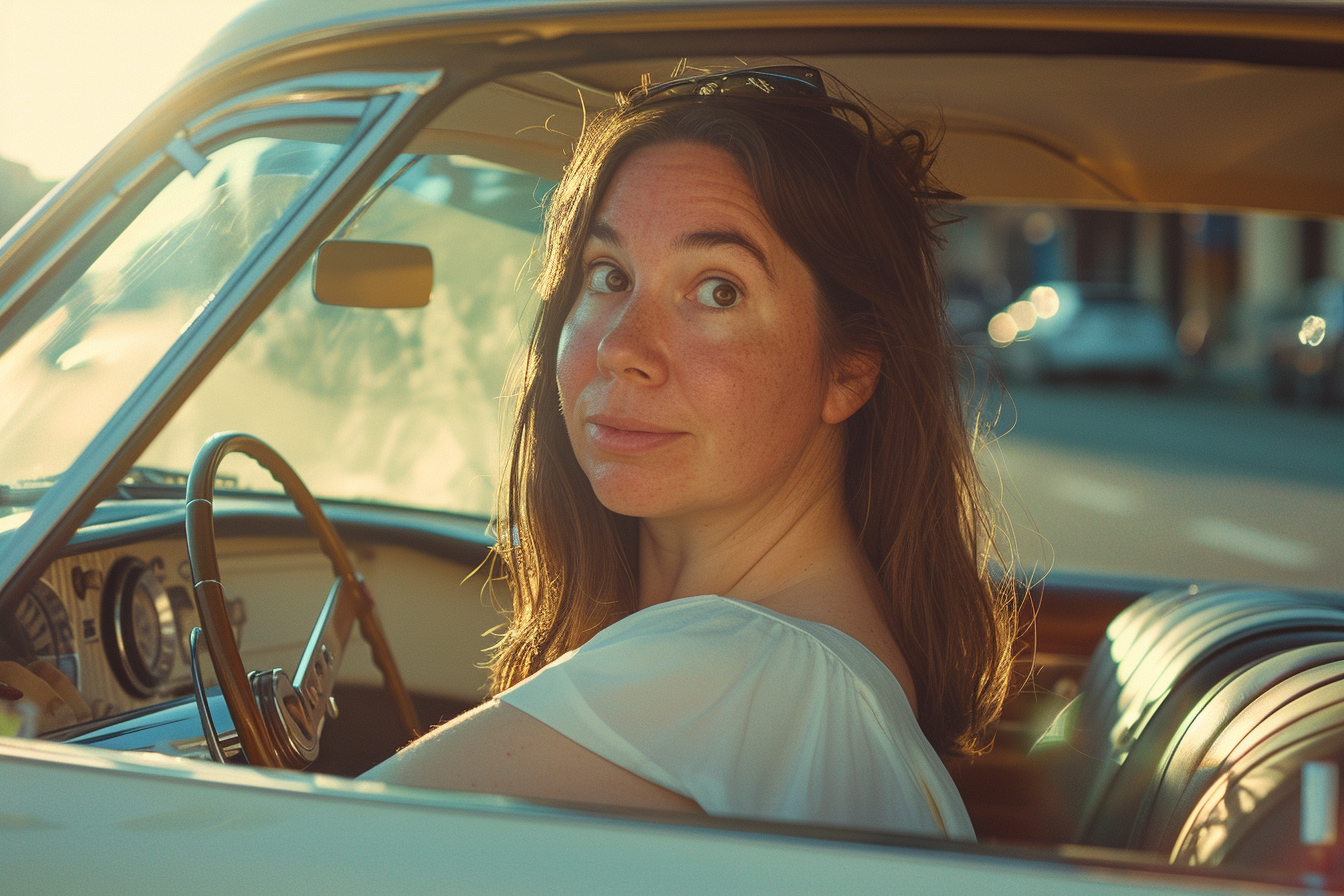 A woman inside a vintage white car | Source: Midjourney