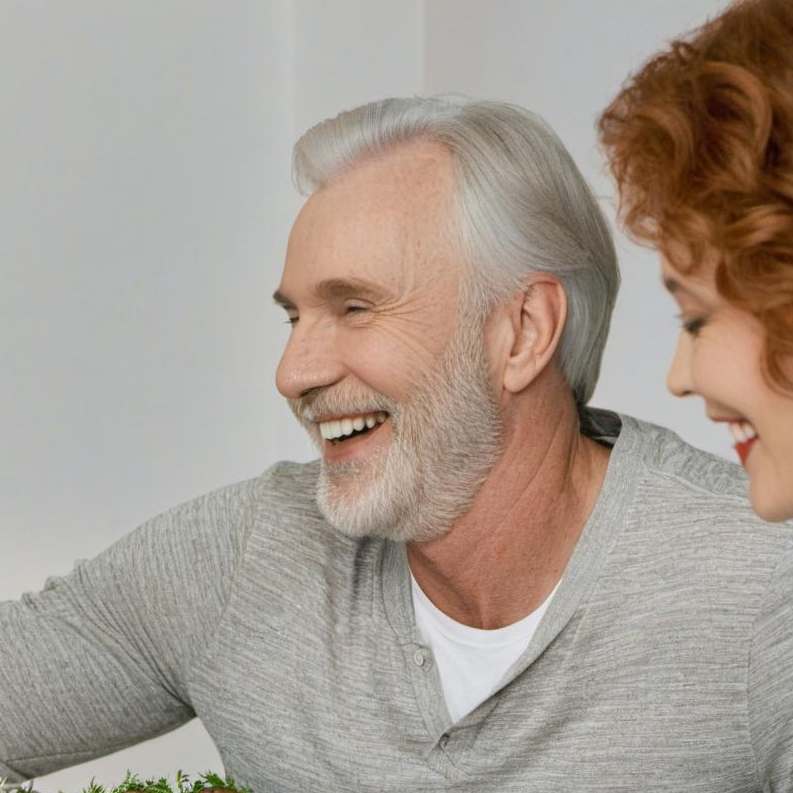 An elderly man smiling happily over dinner conversation | Source: Midjourney