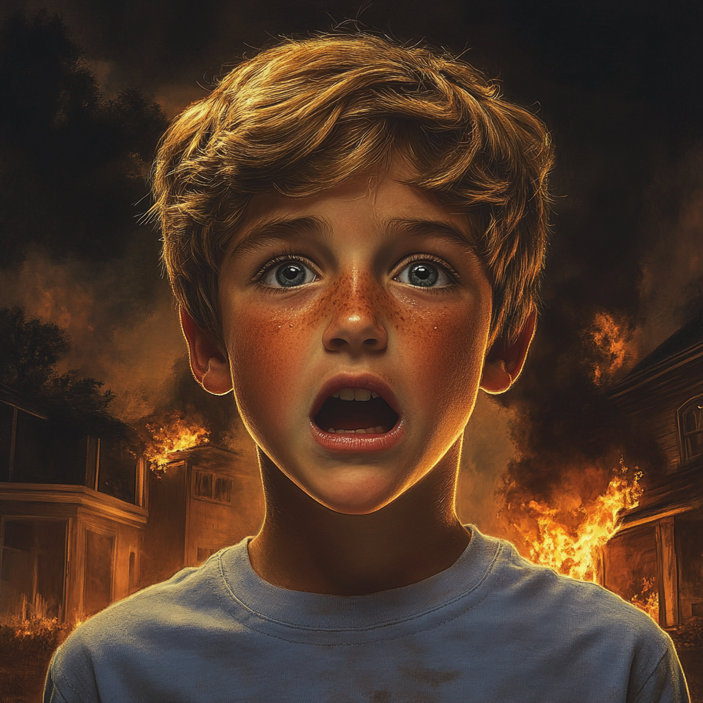 A terrified boy standing against the backdrop of a burning building | Source: Midjourney