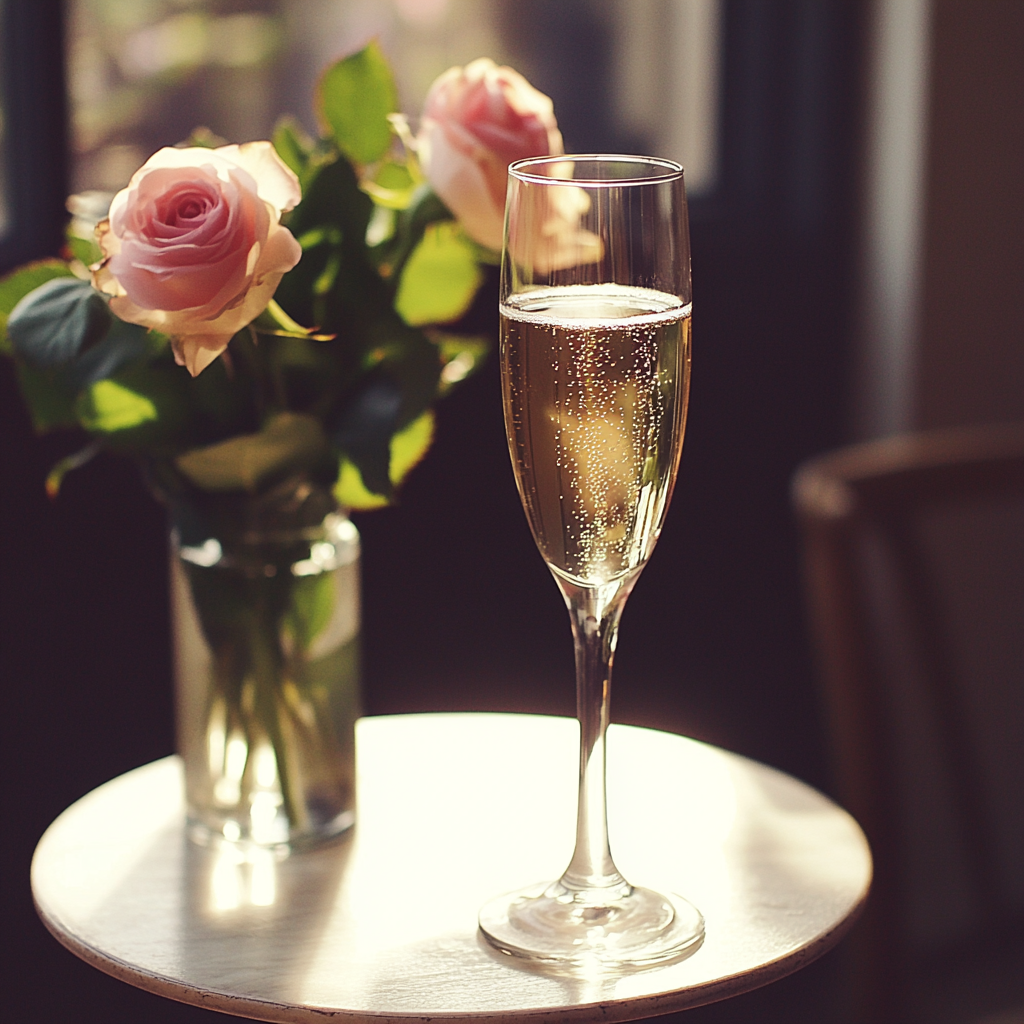 A glass of champagne on a table | Source: Midjourney