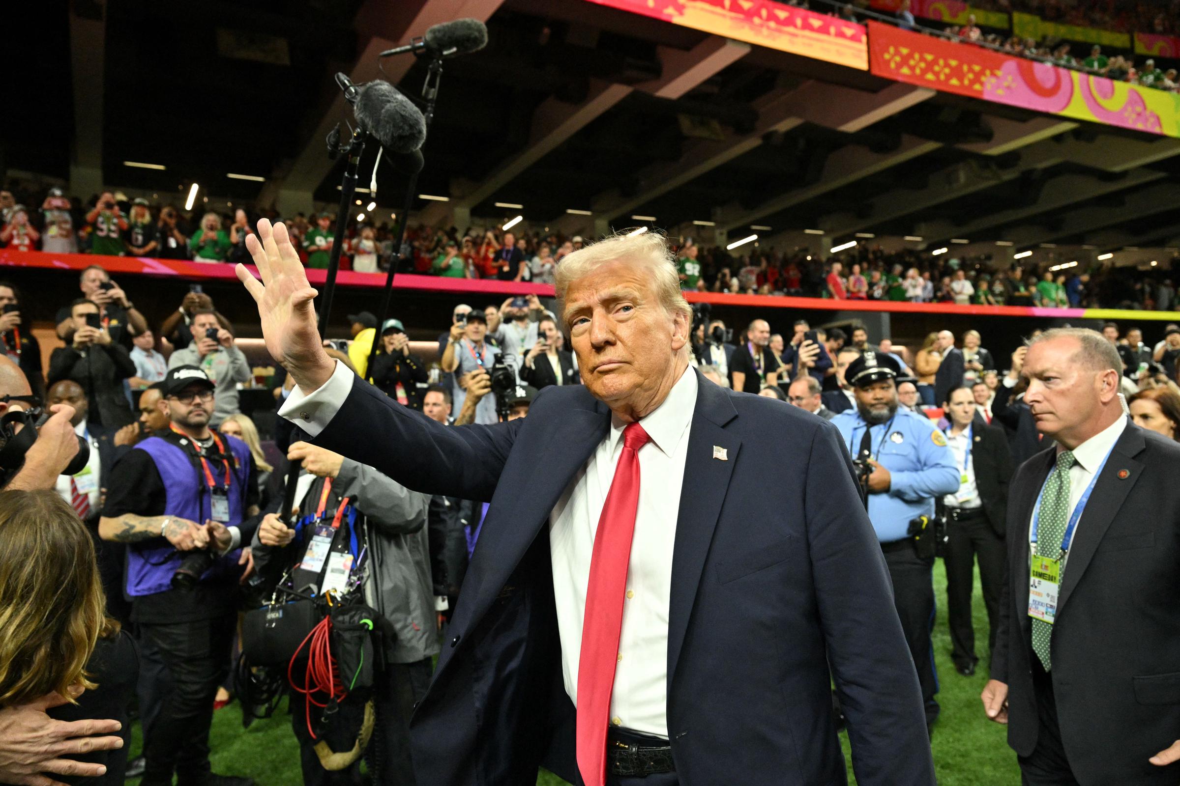 Donald Trump visits the field before the start of Super Bowl LIX between the Kansas City Chiefs and the Philadelphia Eagles at Caesars Superdome in New Orleans, Louisiana, on February 9, 2025 | Source: Getty Images