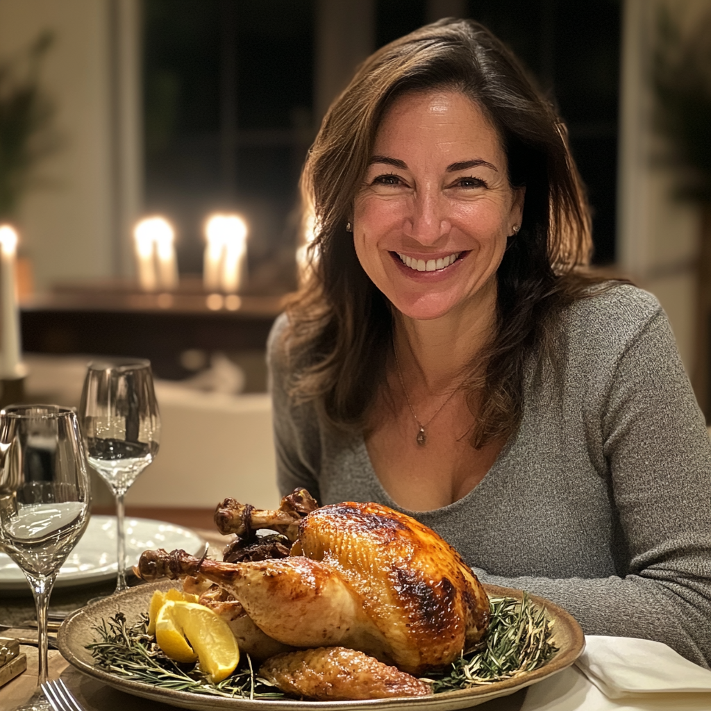 A smiling woman sitting at a dinner table | Source: Midjourney