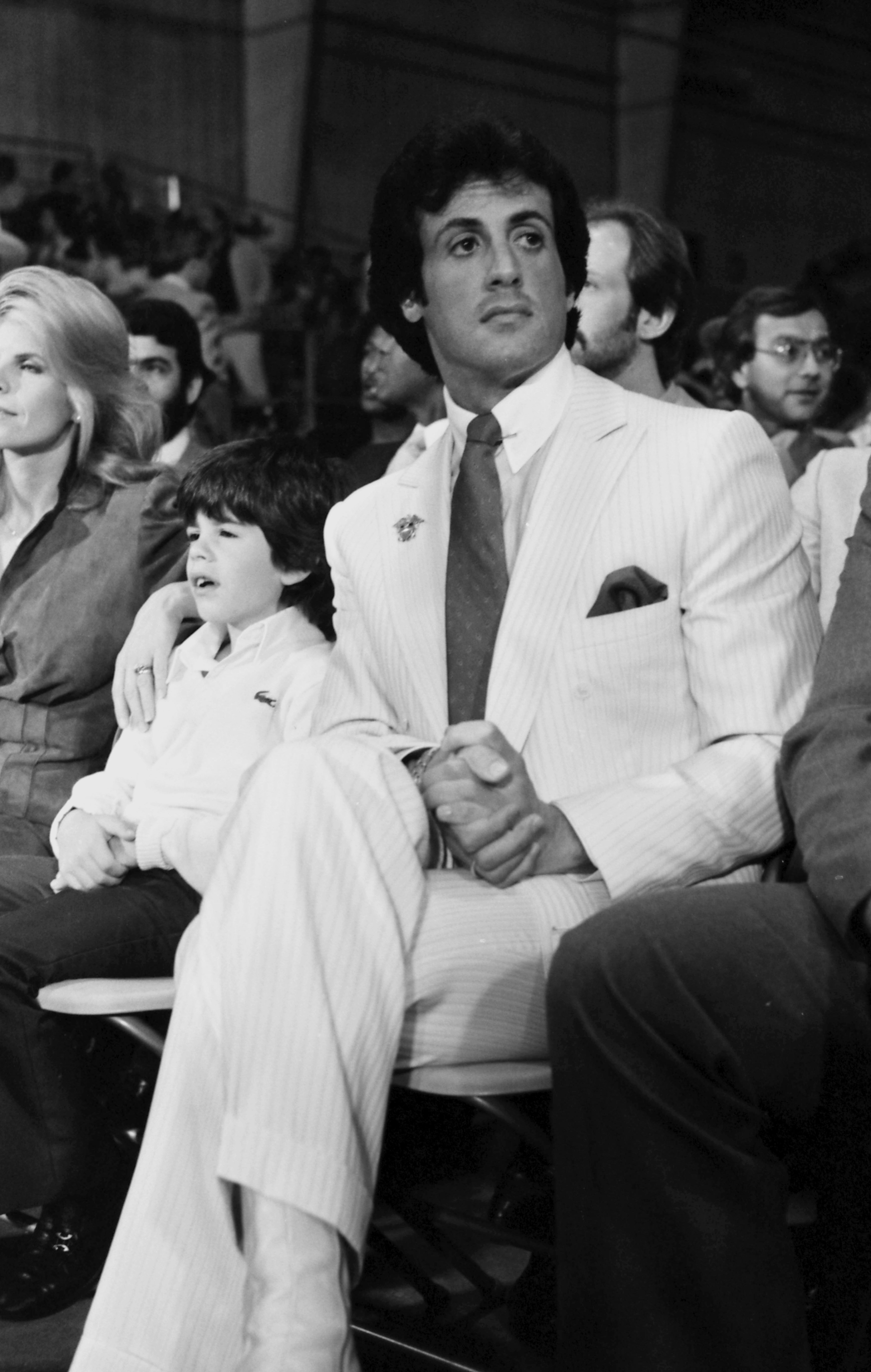 Sasha Czack, Sage Stallone, and Sylvester Stallone at a boxing match on October 30, 1982, in Las Vegas, Nevada. | Source: Getty Images
