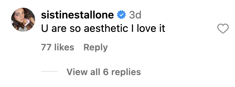 Sistine Stallone's comment on her sister Sophia's post dated November 2023 | Source: Instagram.com/sophiastallone