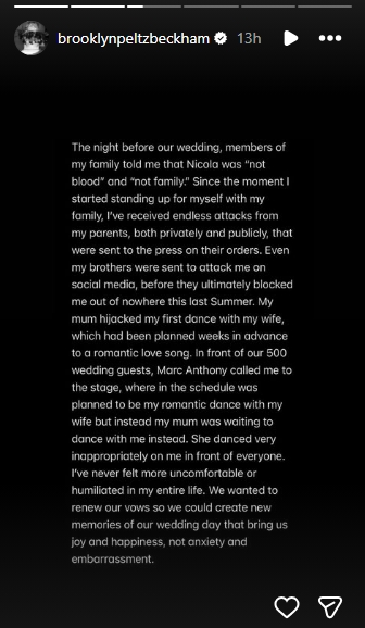 He detailed a humiliating moment during his wedding when, instead of dancing with his new bride, he was pulled into an unplanned dance with his mother in front of guests. | Source: Instagram/brooklynpeltzbeckham