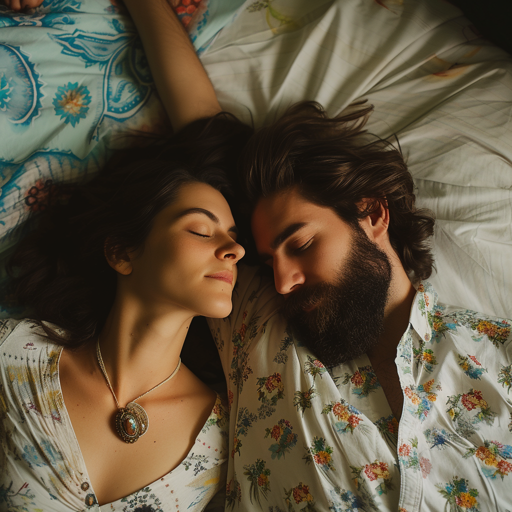 A couple laying in bed | Source: Midjourney