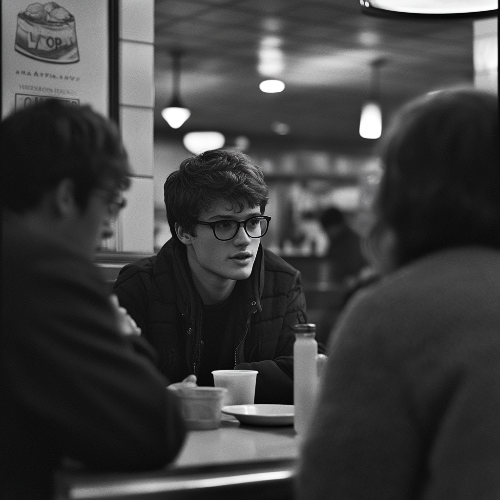 A young man in diner talking to its staff | Source: Midjourney