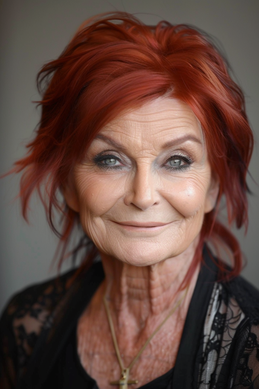Sharon Osbourne aging naturally without cosmetic procedures, via AI | Source: Midjourney