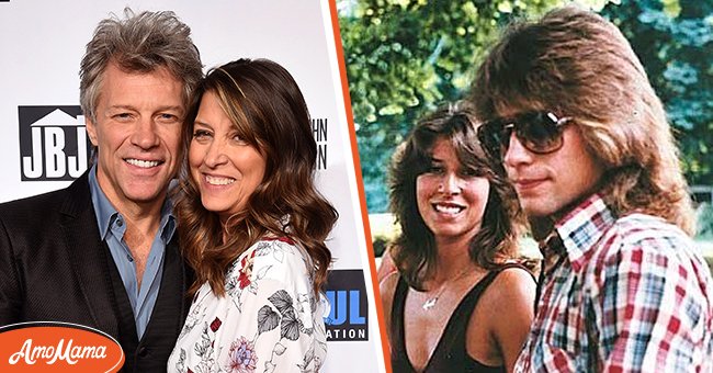 Rock singer Jon Bon Jovi at an event with his wife Hurley. [Left] | Jon Bon Jovi in a photo with his wife Hurley during their youth days. [Right] | Photo: Getty Images