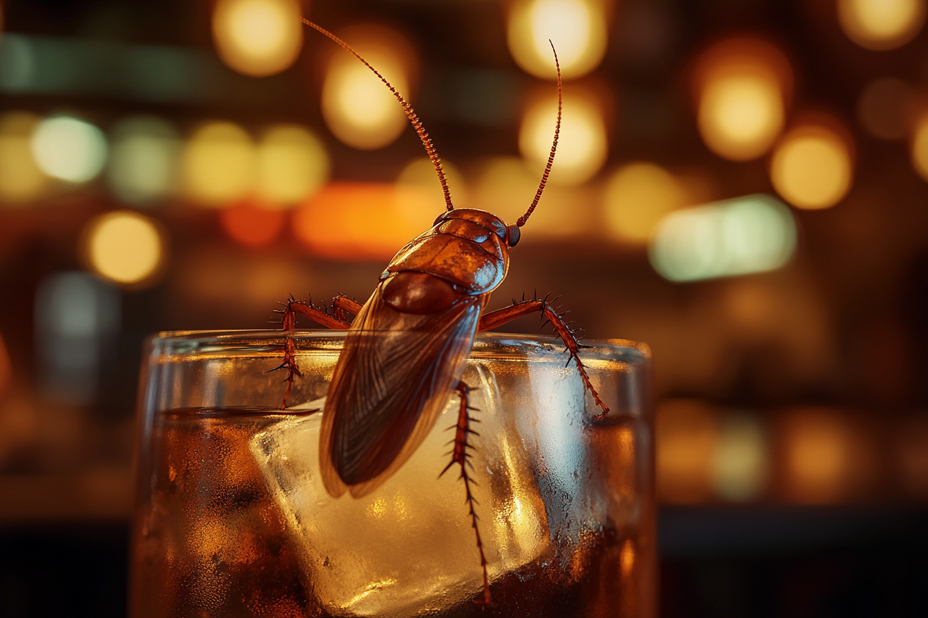 A cockroach in a glass of iced beverage | Source: Midjourney