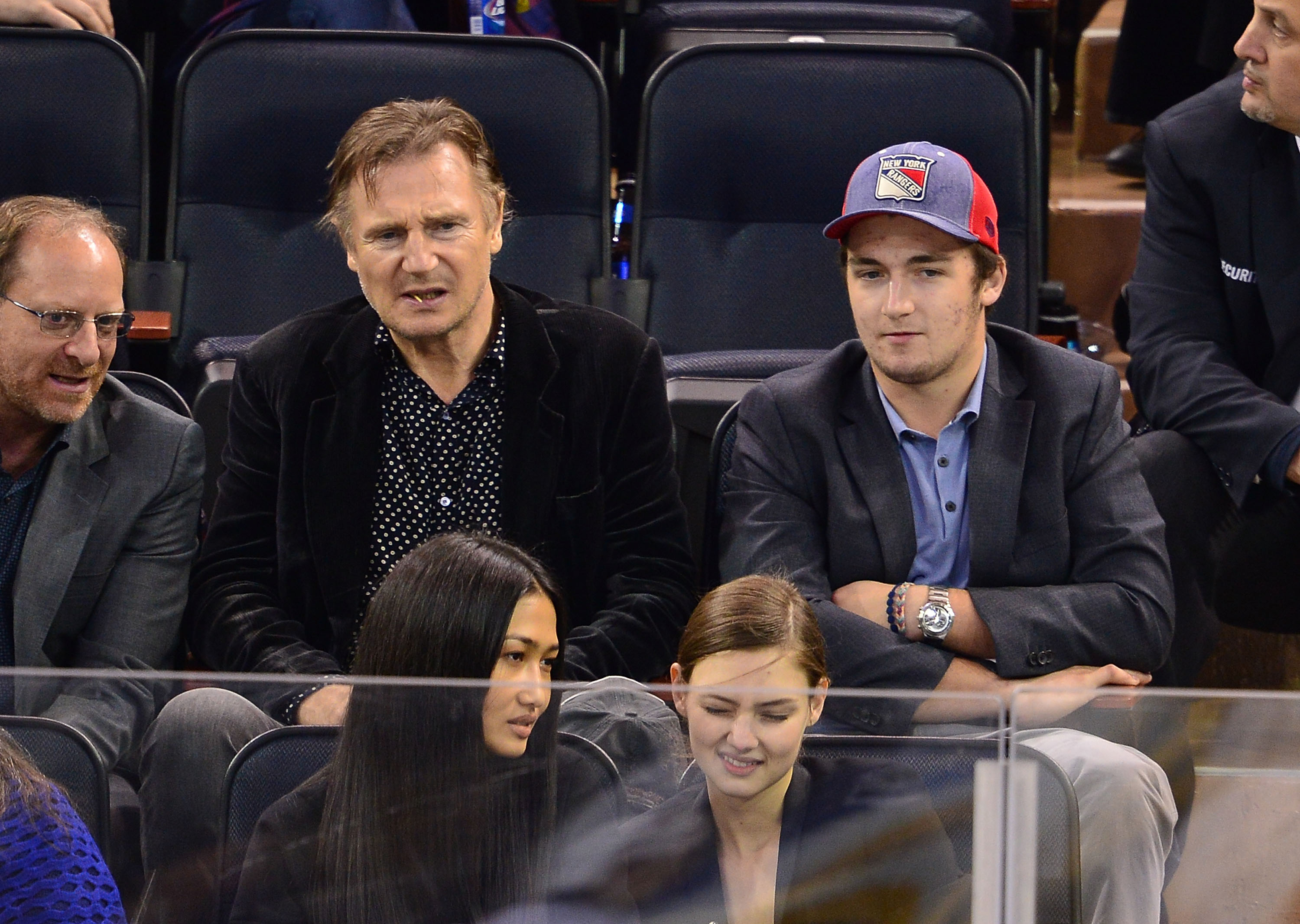 Liam Neeson and son, Daniel Neeson, during the New York Islanders vs New York Rangers game at Madison Square Garden on October 14, 2014 in New York City. / Source: Getty Images